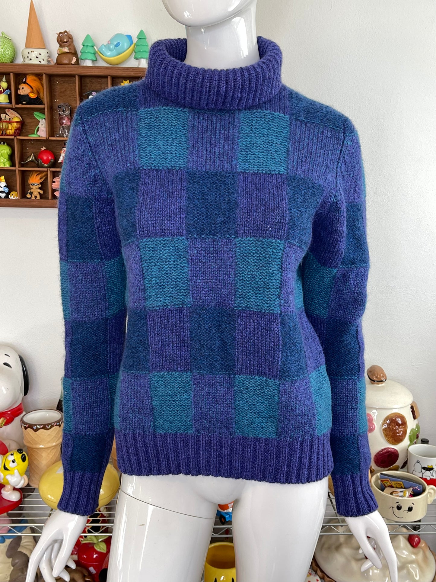 Vintage Purple Wool Blue Plaid Knit Turtleneck Sweater Sz S/M
