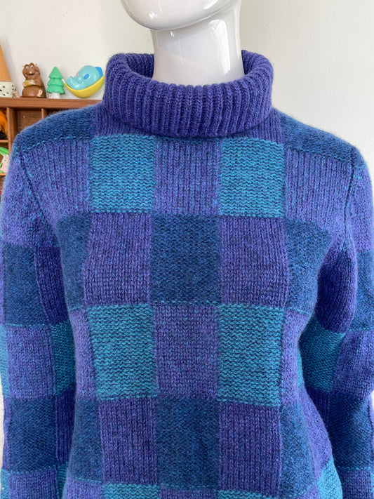 Vintage Purple Wool Blue Plaid Knit Turtleneck Sweater Sz S/M