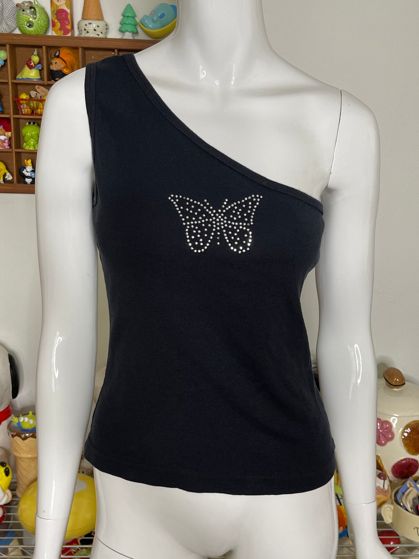 2000s Black Off The Shoulder Butterfly Rhinestone Top Sz M/L