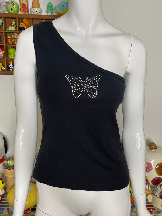 2000s Black Off The Shoulder Butterfly Rhinestone Top Sz M/L