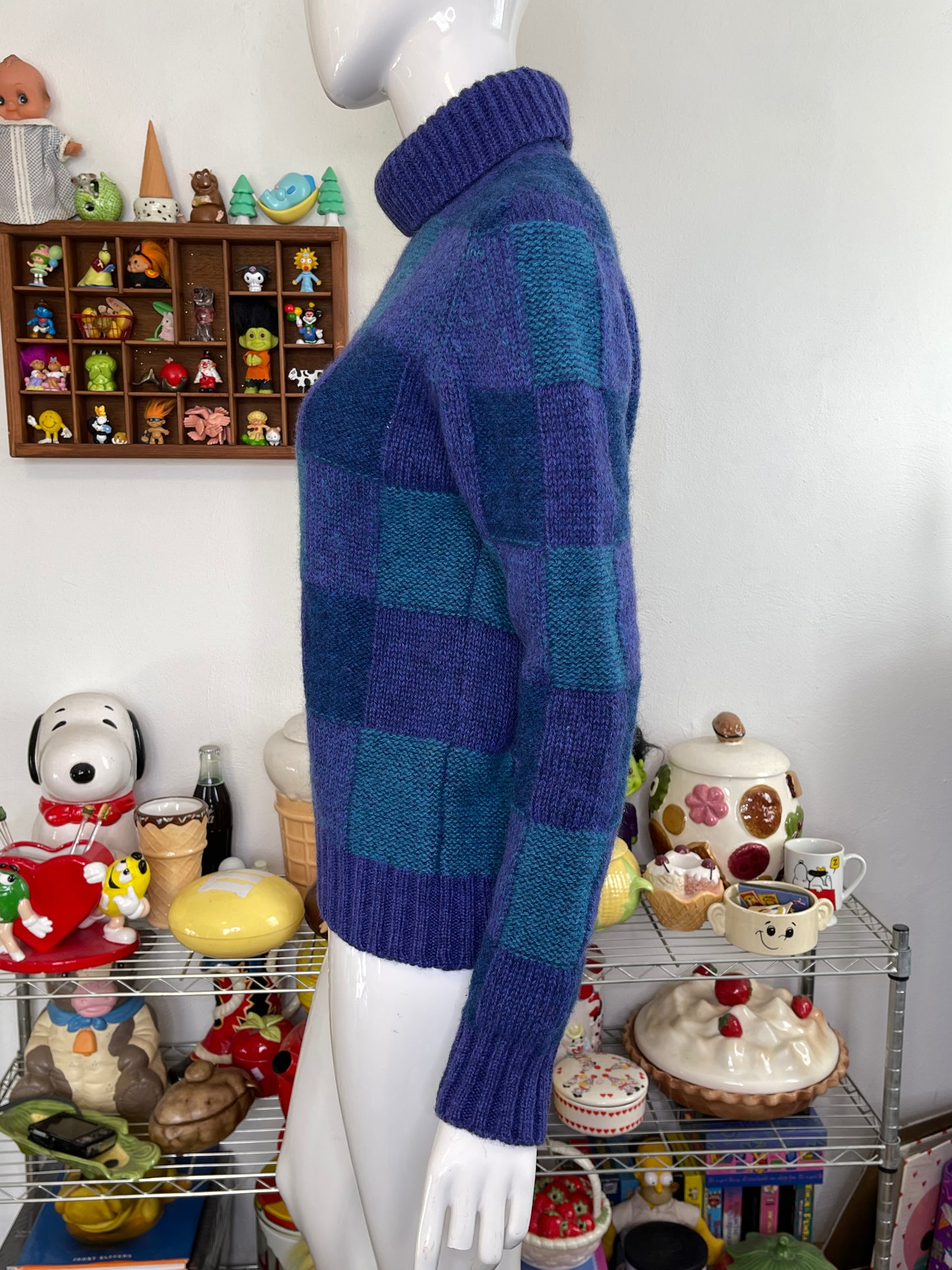 Vintage Purple Wool Blue Plaid Knit Turtleneck Sweater Sz S/M