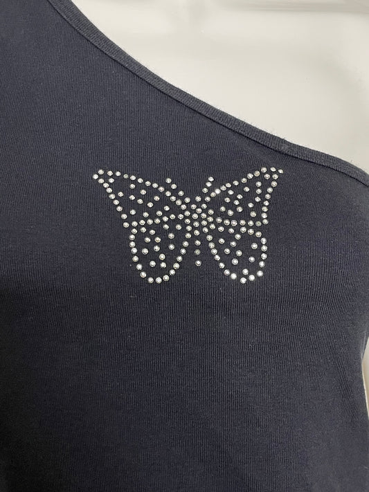 2000s Black Off The Shoulder Butterfly Rhinestone Top Sz M/L