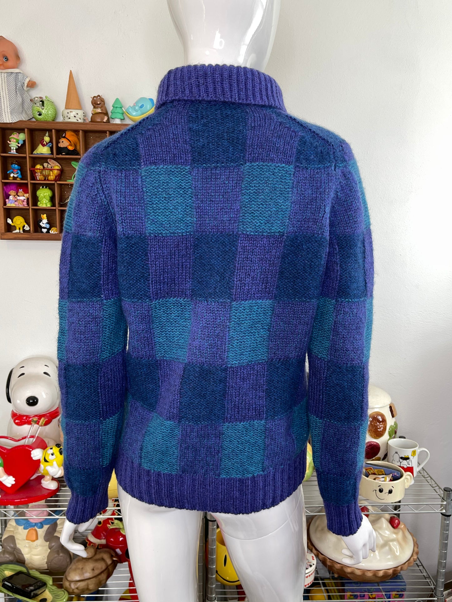 Vintage Purple Wool Blue Plaid Knit Turtleneck Sweater Sz S/M