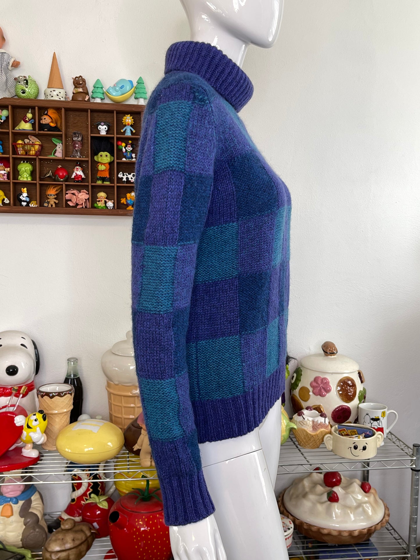 Vintage Purple Wool Blue Plaid Knit Turtleneck Sweater Sz S/M