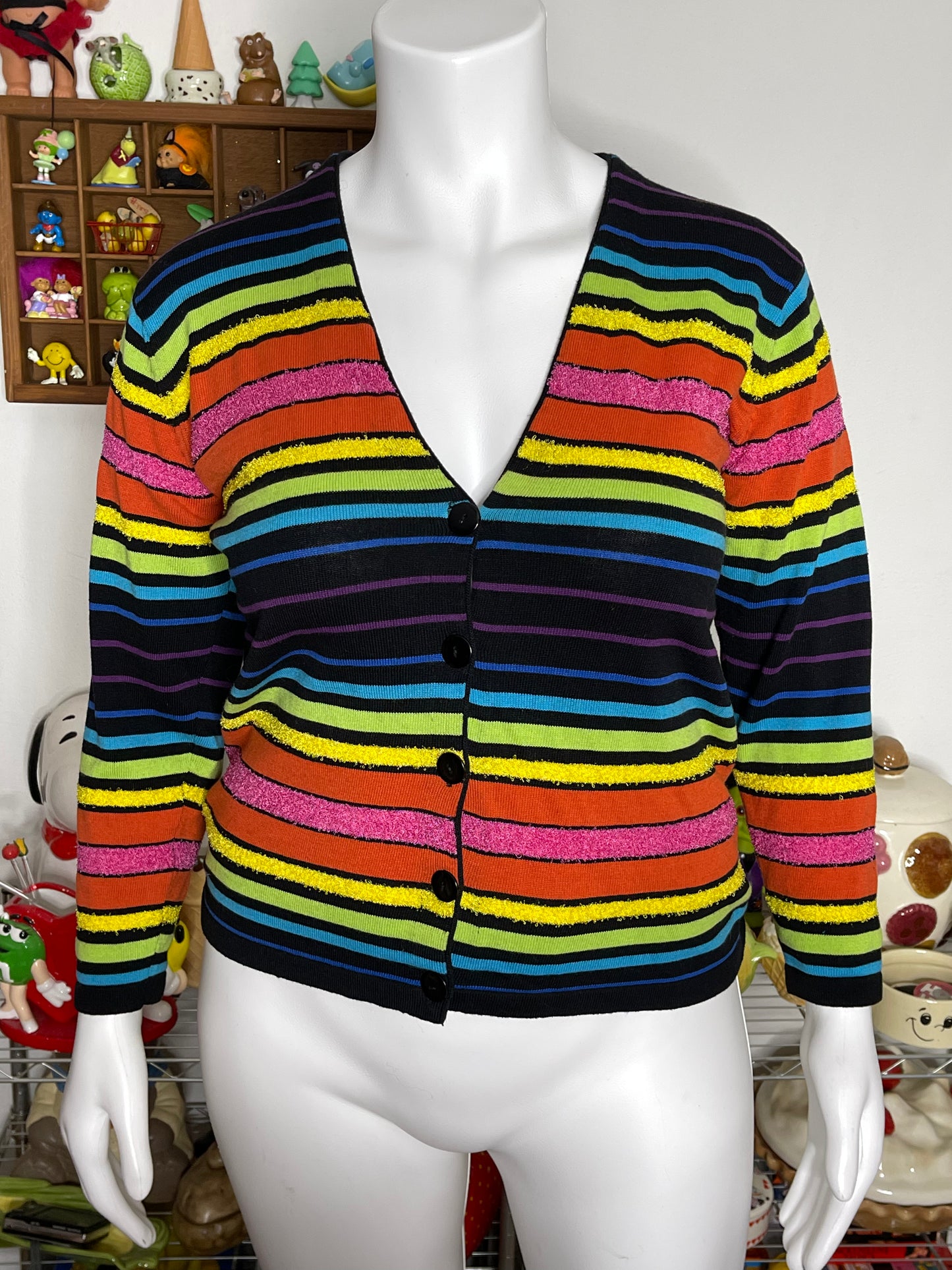 Vintage 90s Rainbow Fuzzy V-Neck Striped Cardigan Sz M/L