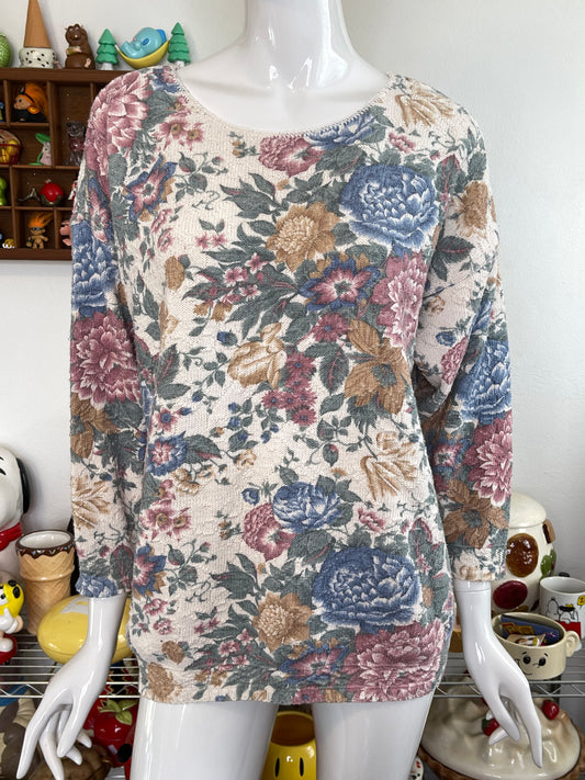 Vintage 90s Faded Floral Grandma Couch Oversized Knit Sweater Sz S