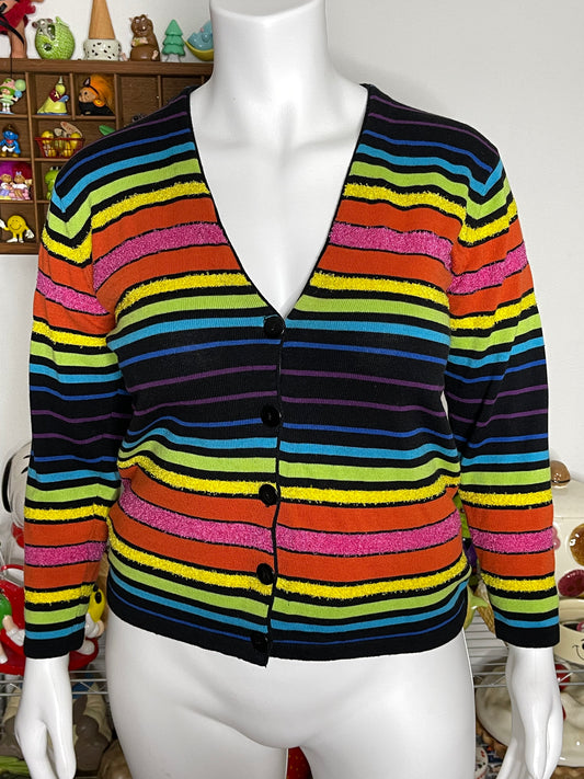 Vintage 90s Rainbow Fuzzy V-Neck Striped Cardigan Sz M/L