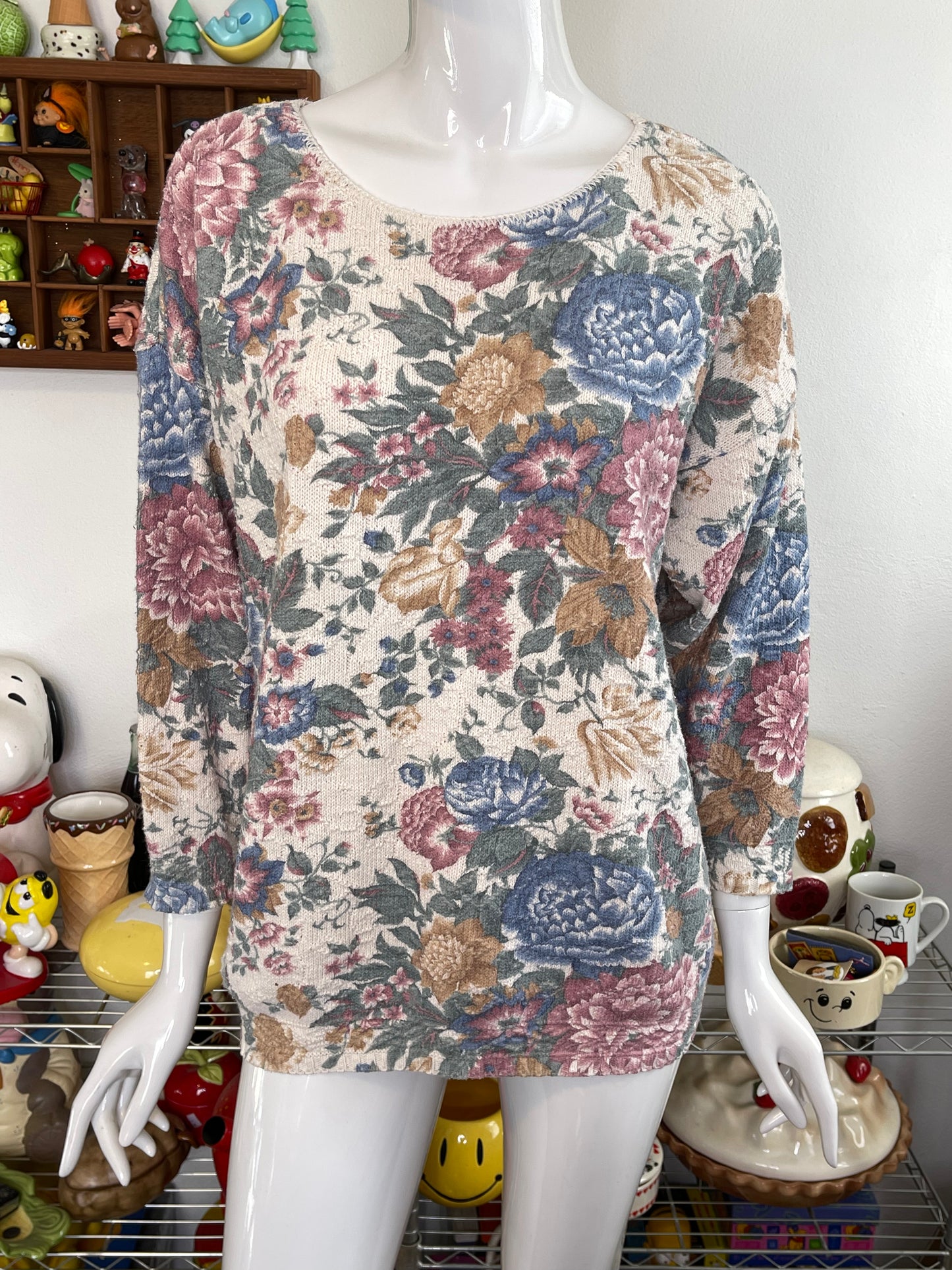 Vintage 90s Faded Floral Grandma Couch Oversized Knit Sweater Sz S
