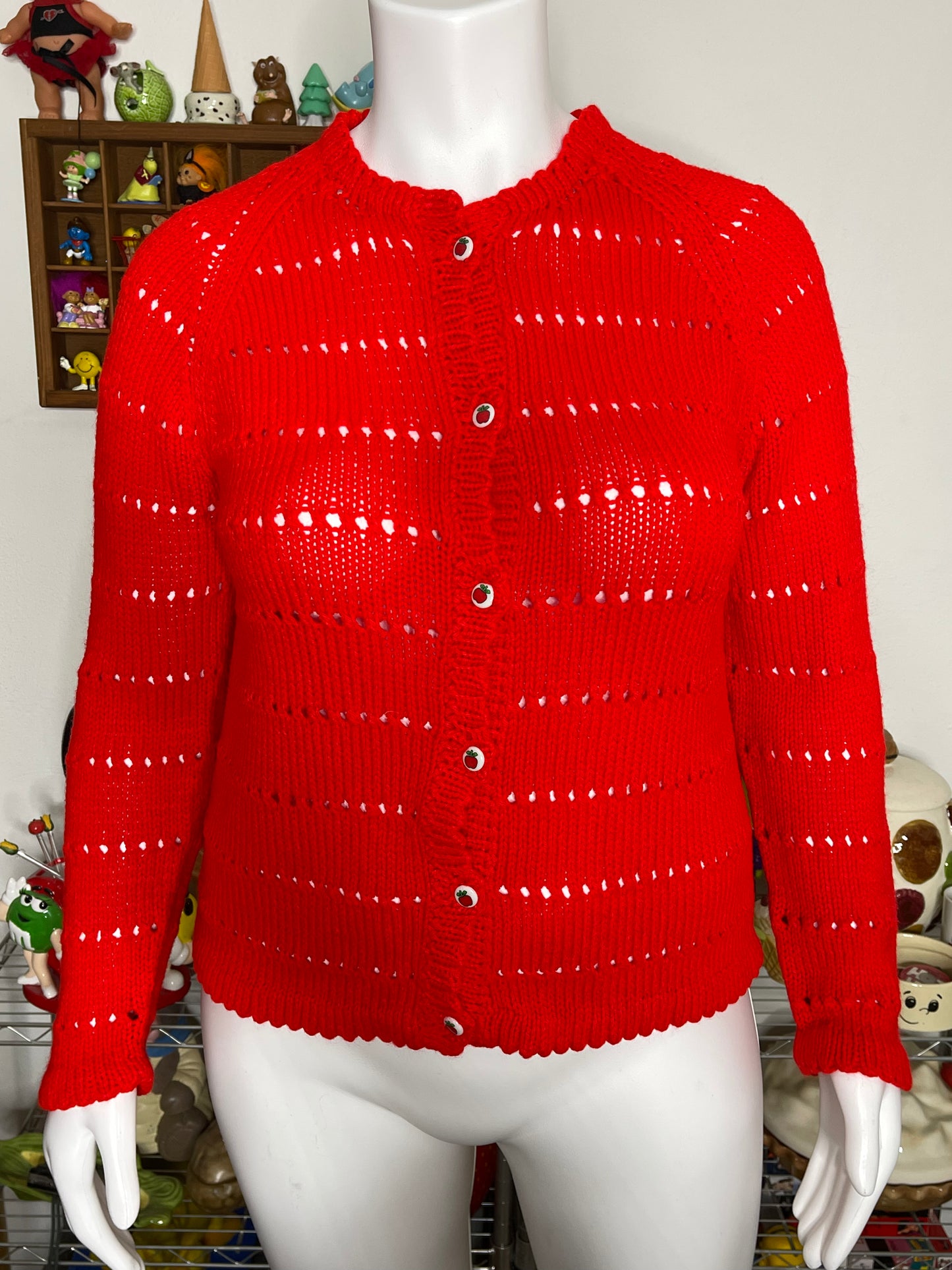 Bright Red Apple Handmade Knit Cardigan Sz M/L
