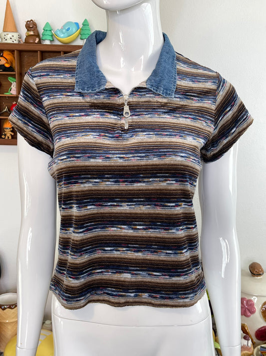 Vintage 90s Velour Striped Collared Top Sz S/M