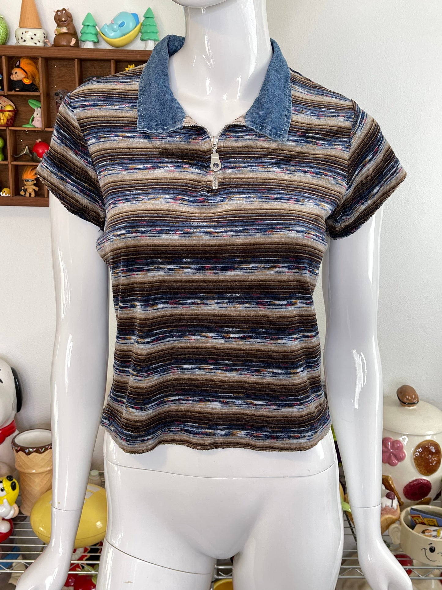 Vintage 90s Velour Striped Collared Top Sz S/M