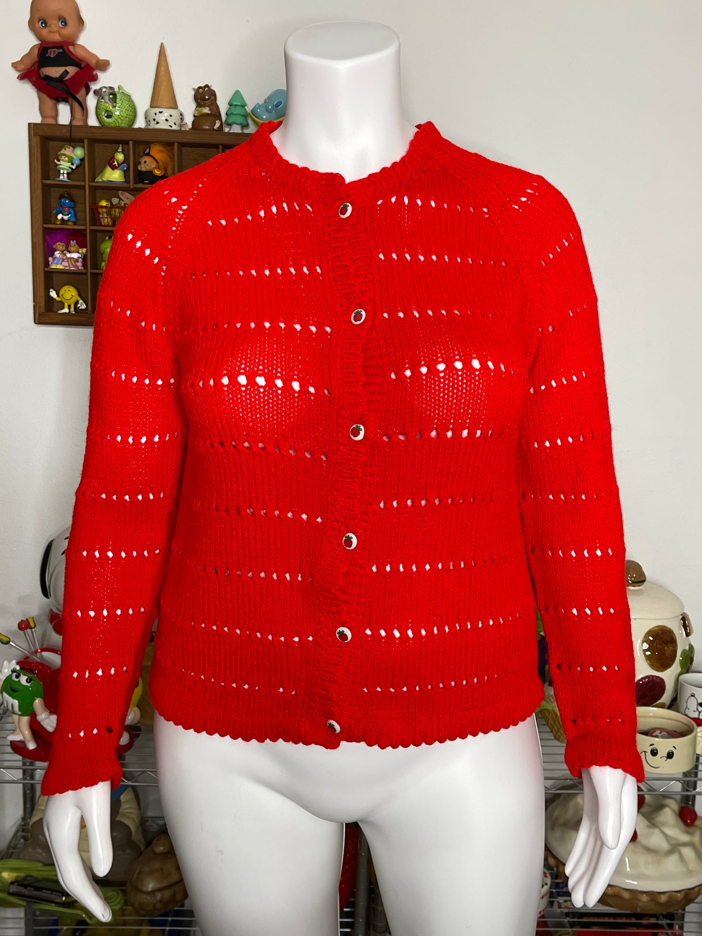 Bright Red Apple Handmade Knit Cardigan Sz M/L
