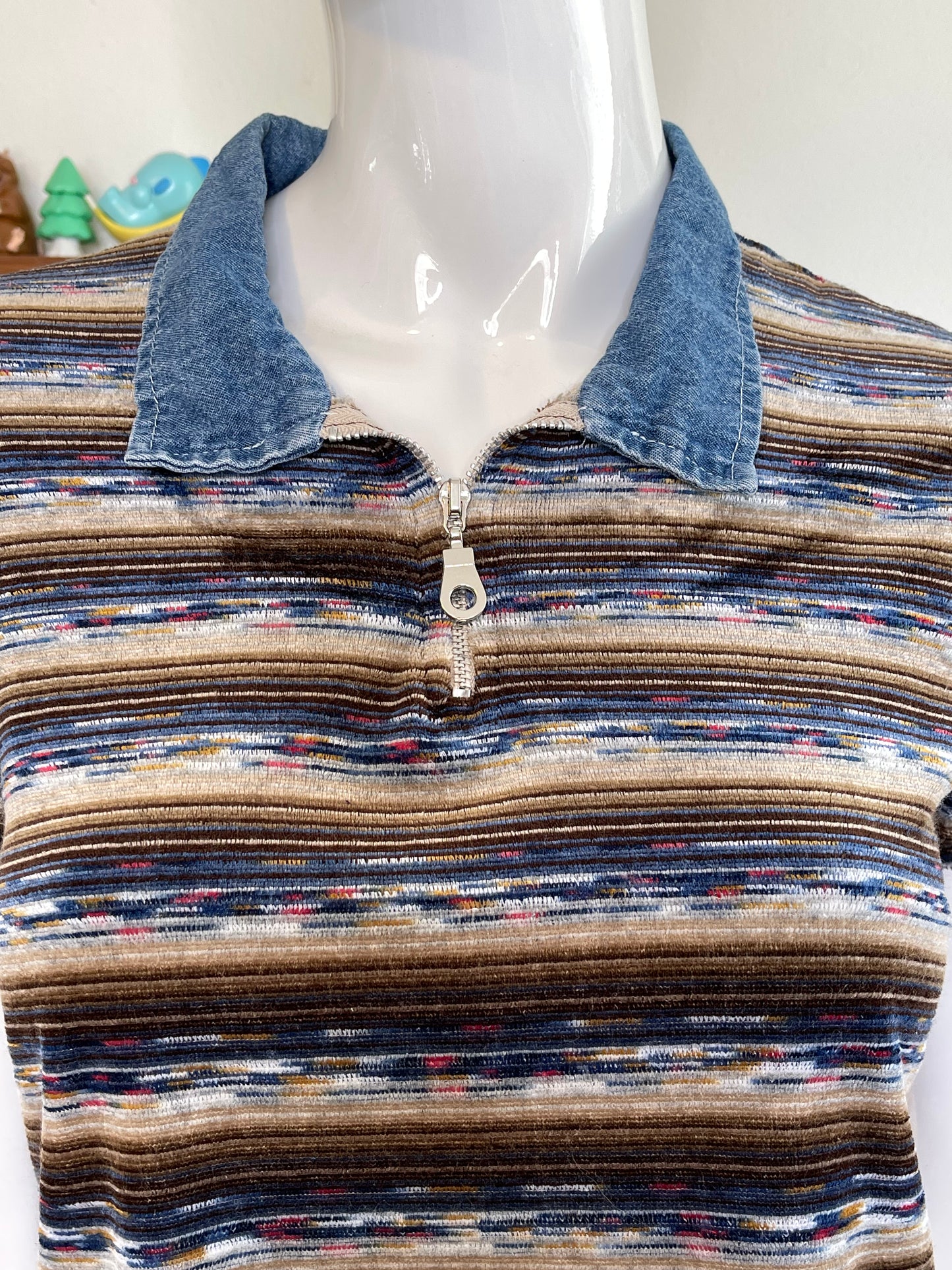 Vintage 90s Velour Striped Collared Top Sz S/M