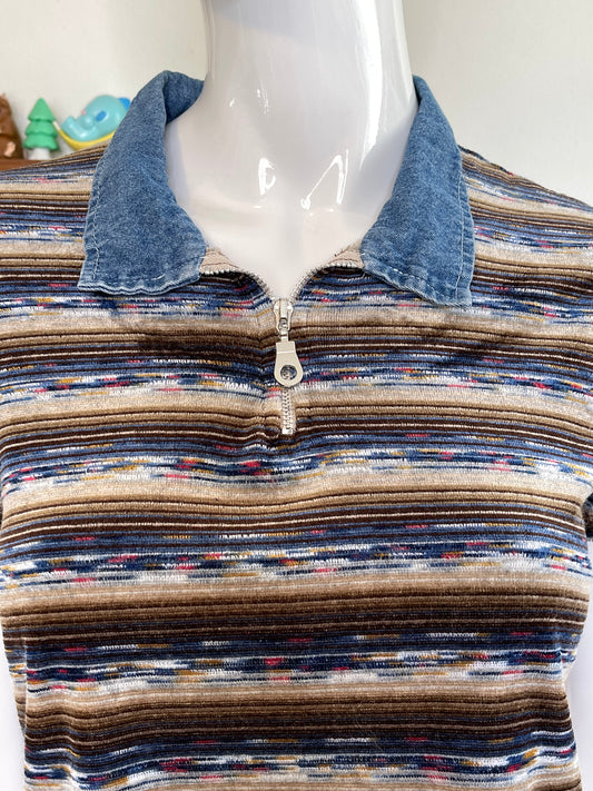 Vintage 90s Velour Striped Collared Top Sz S/M
