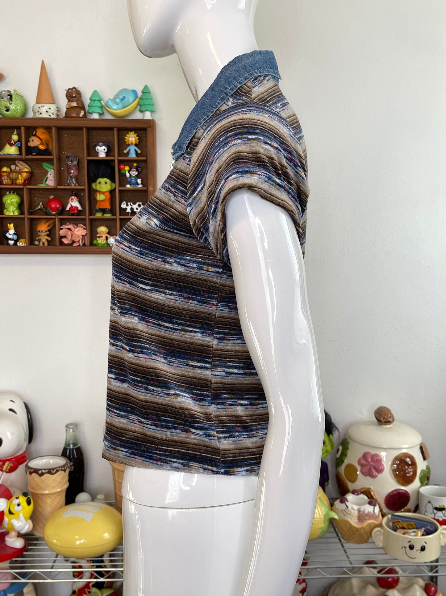 Vintage 90s Velour Striped Collared Top Sz S/M