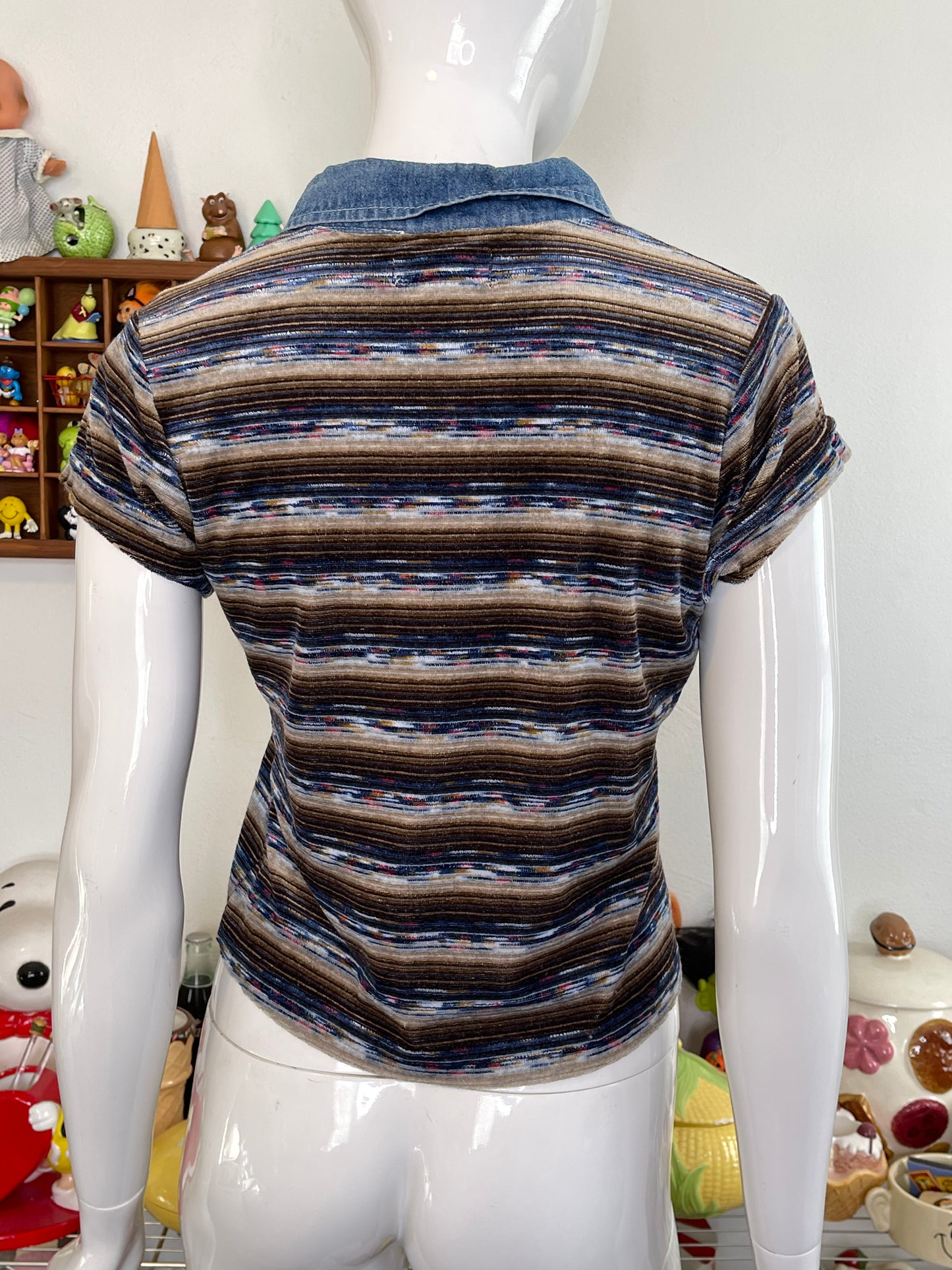 Vintage 90s Velour Striped Collared Top Sz S/M