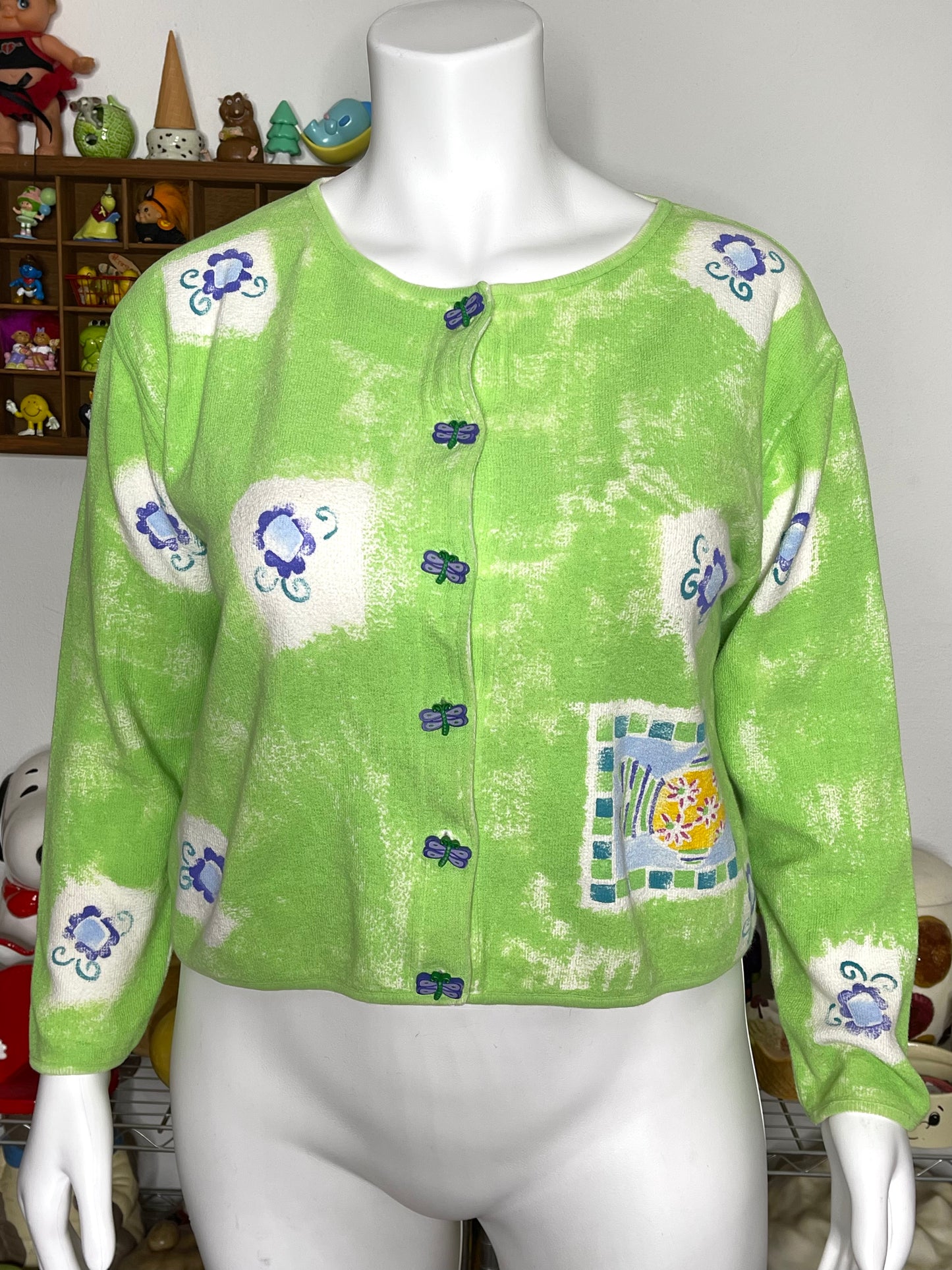 Vintage Butterfly Fish Flowers Hand Painted Cardigan Sz M/L