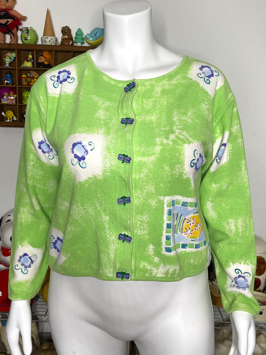 Vintage Butterfly Fish Flowers Hand Painted Cardigan Sz M/L
