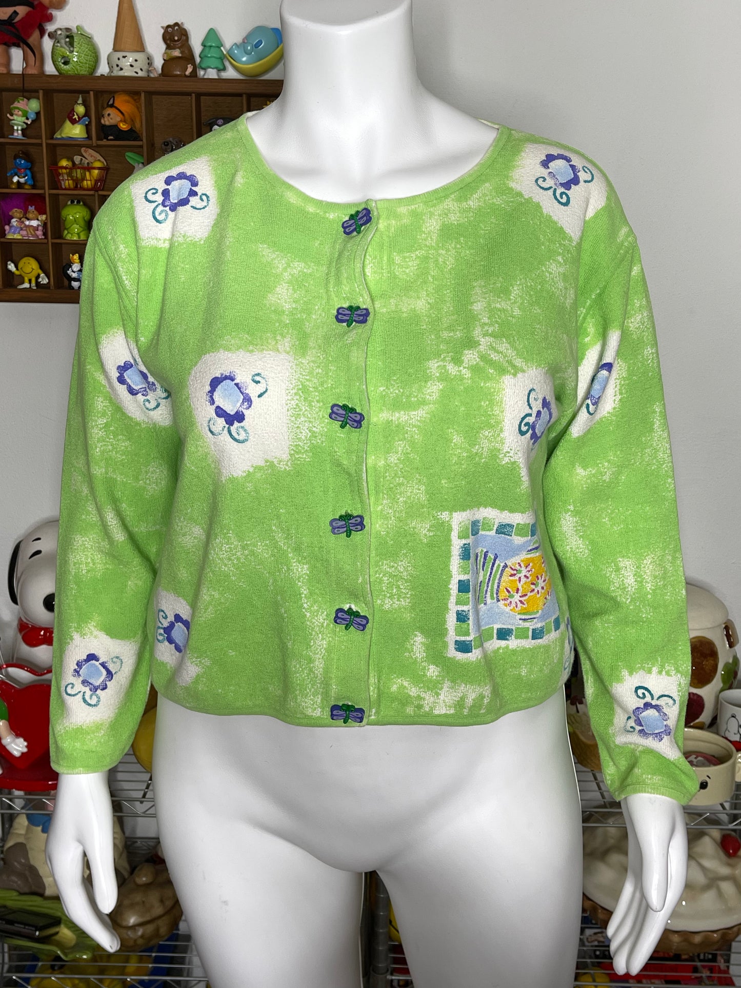 Vintage Butterfly Fish Flowers Hand Painted Cardigan Sz M/L
