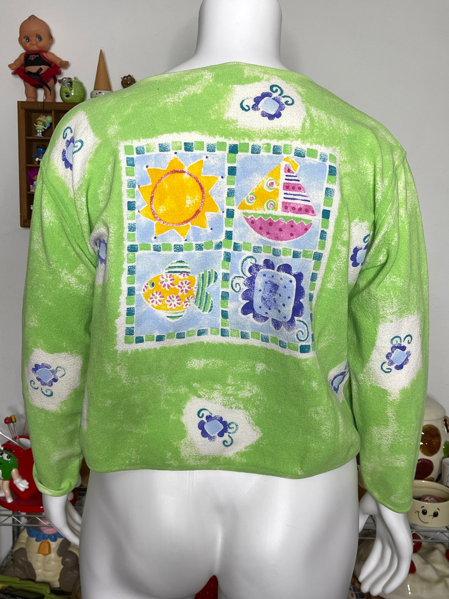 Vintage Butterfly Fish Flowers Hand Painted Cardigan Sz M/L