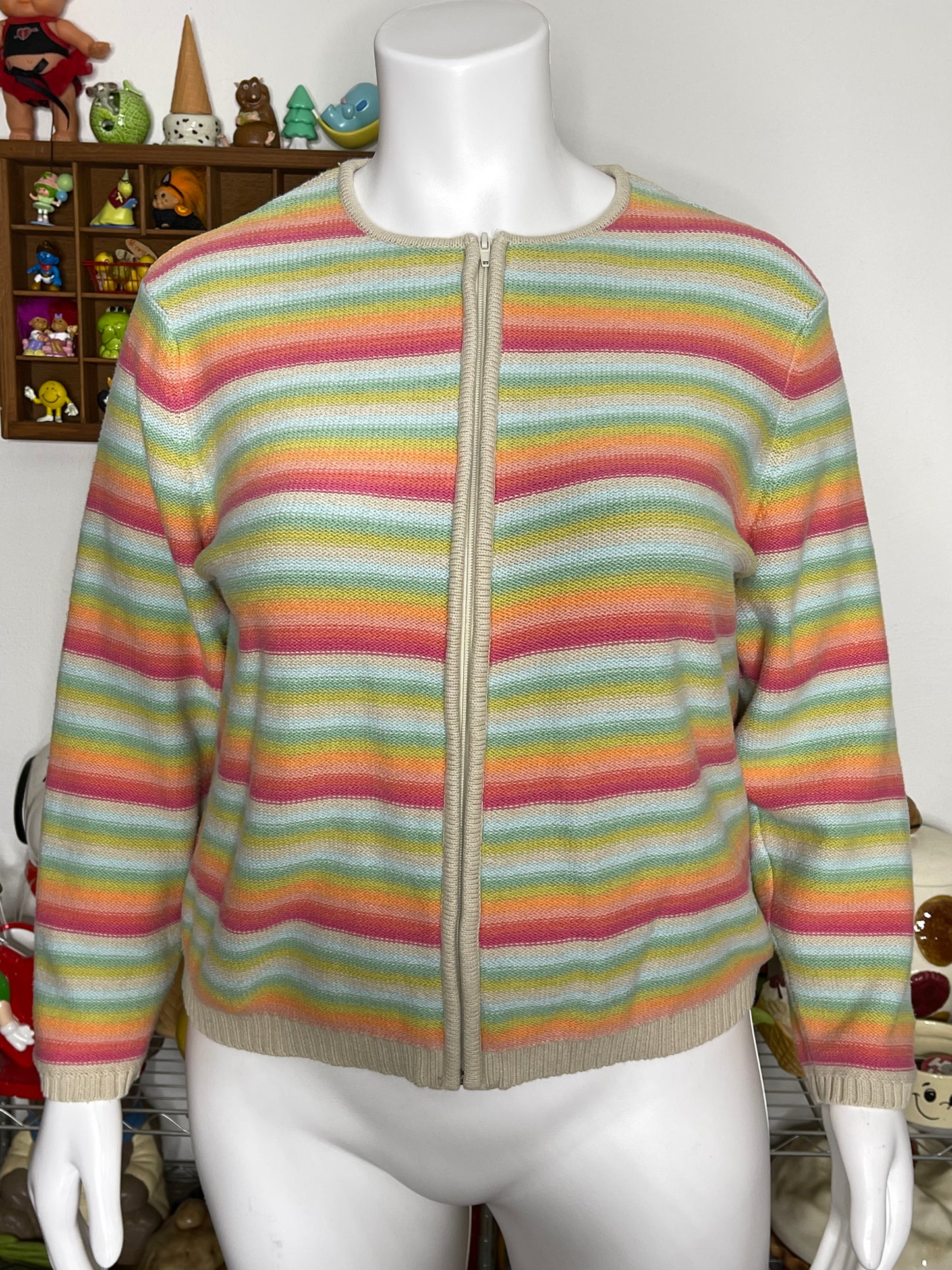 Vintage Rainbow Striped Knit Zip-Up Sweater Sz XL