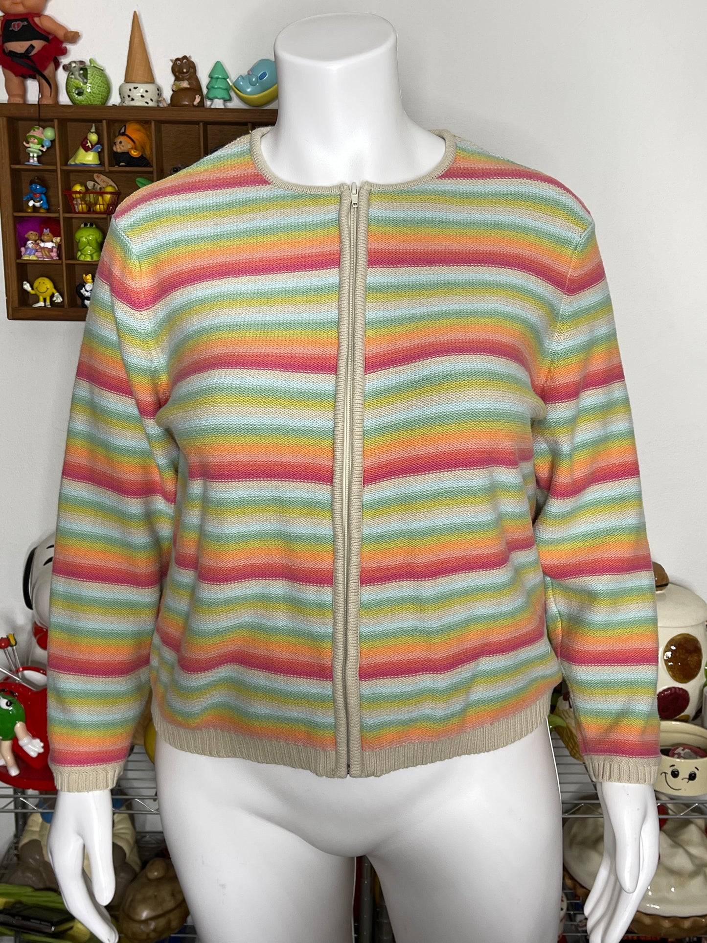 Vintage Rainbow Striped Knit Zip-Up Sweater Sz XL