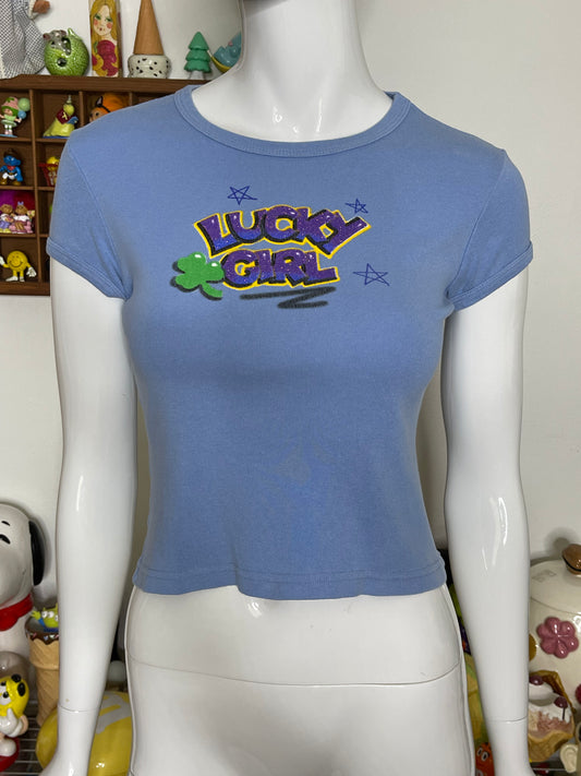 2000s Glittery Lucky Girl Cropped Baby Tee Sz S