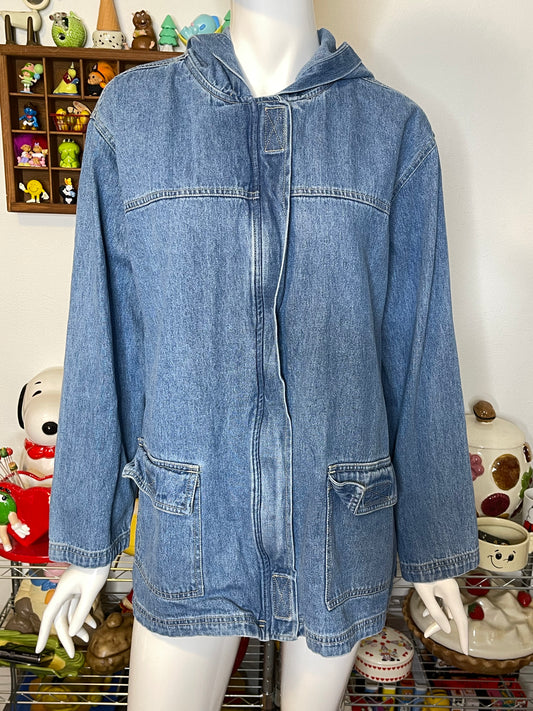 Vintage Light Wash Denim Jean Chore Hood Jacket Sz L