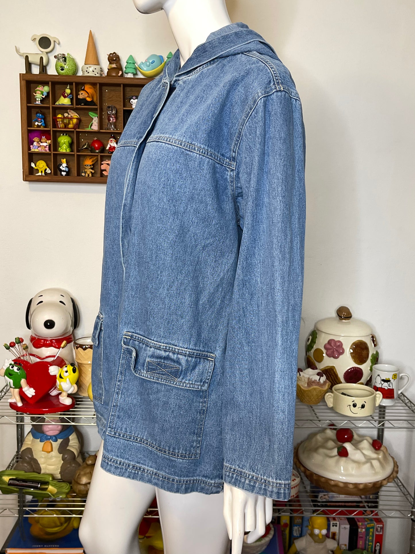 Vintage Light Wash Denim Jean Chore Hood Jacket Sz L