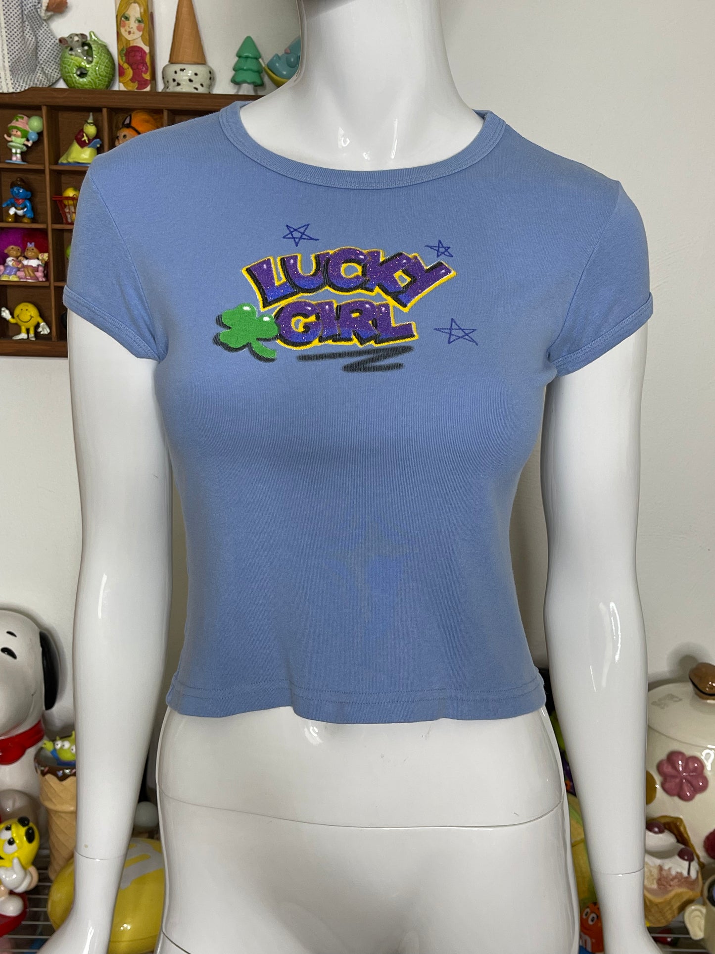 2000s Glittery Lucky Girl Cropped Baby Tee Sz S
