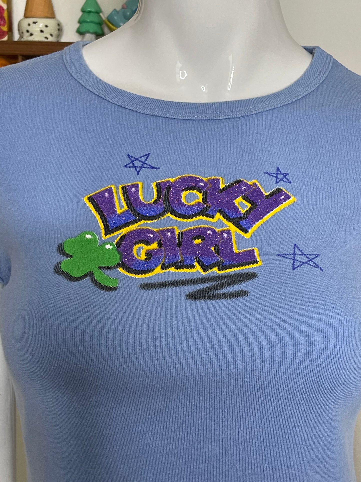 2000s Glittery Lucky Girl Cropped Baby Tee Sz S