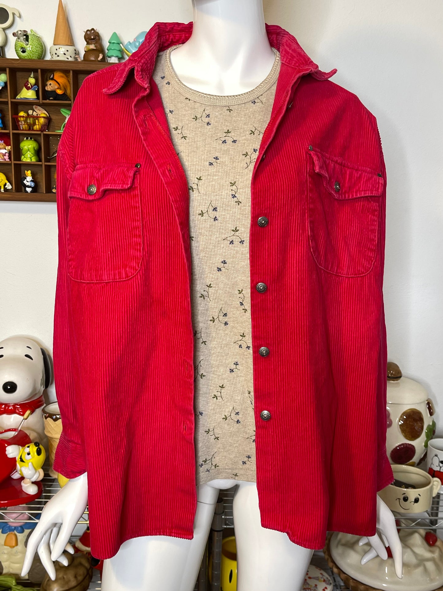 90s Bight Red Corduroy Button Up Sz L