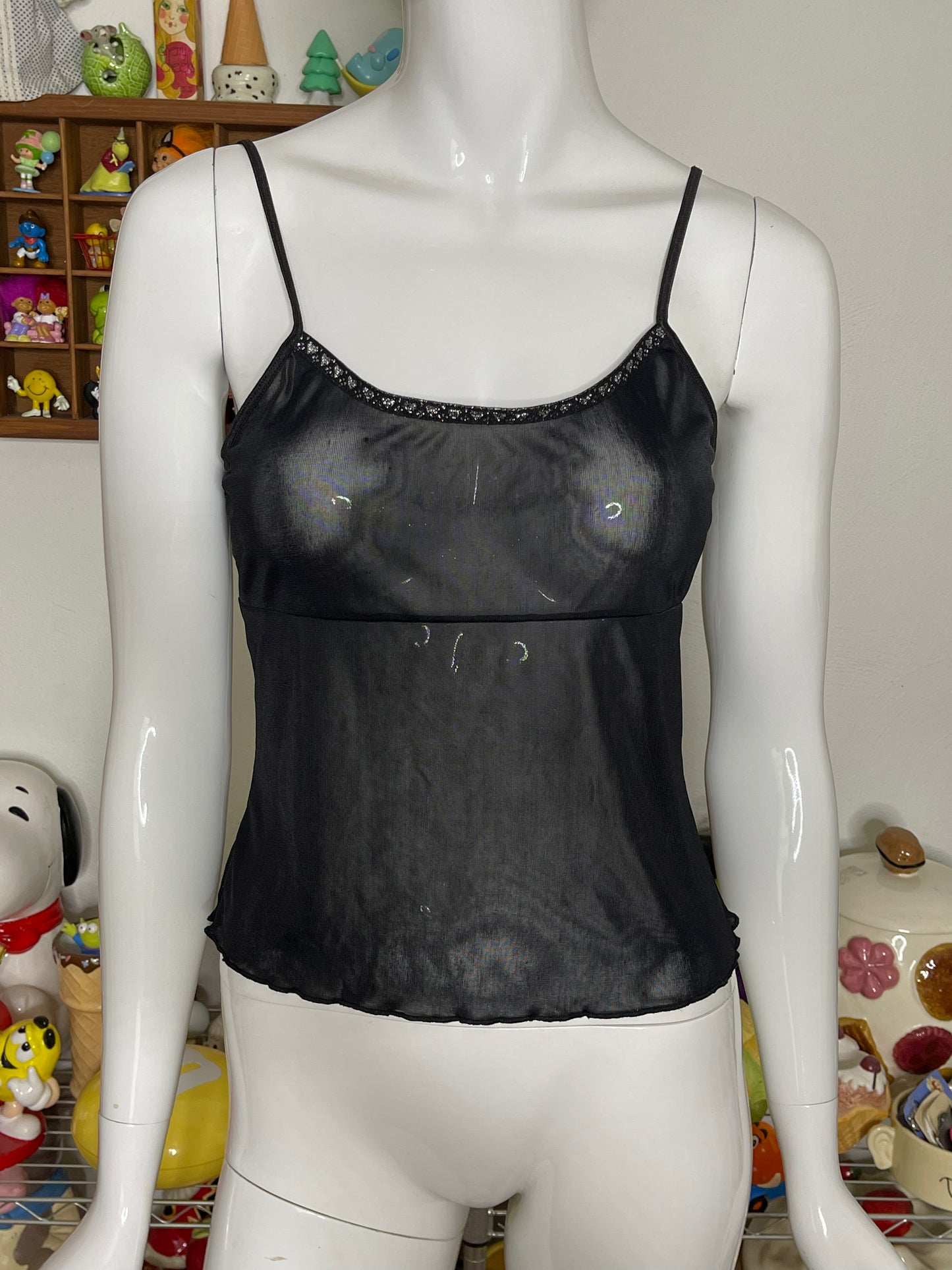 2000s Black Sheer Sparkly Mirco Mesh Tank Top Sz M