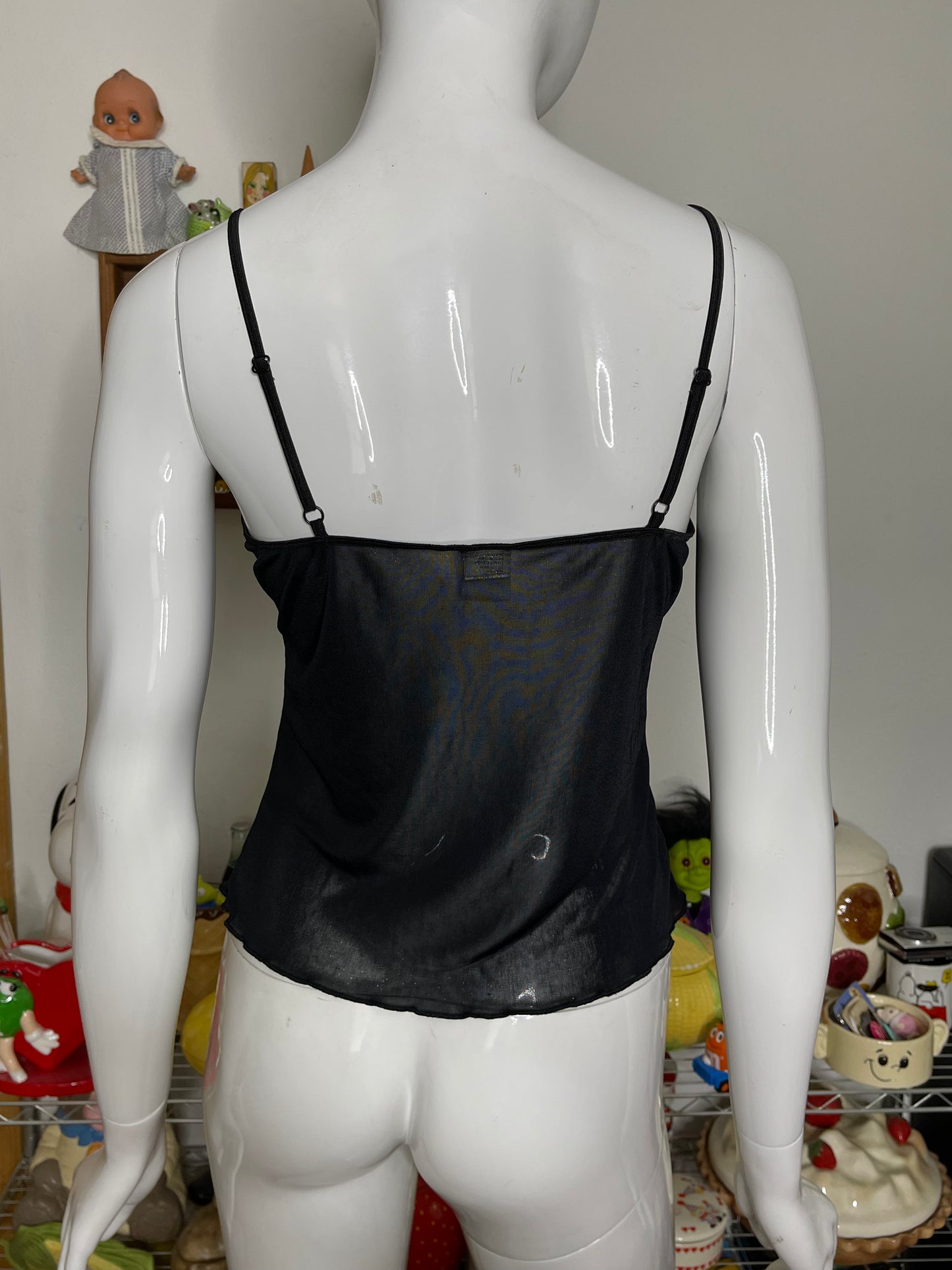 2000s Black Sheer Sparkly Mirco Mesh Tank Top Sz M