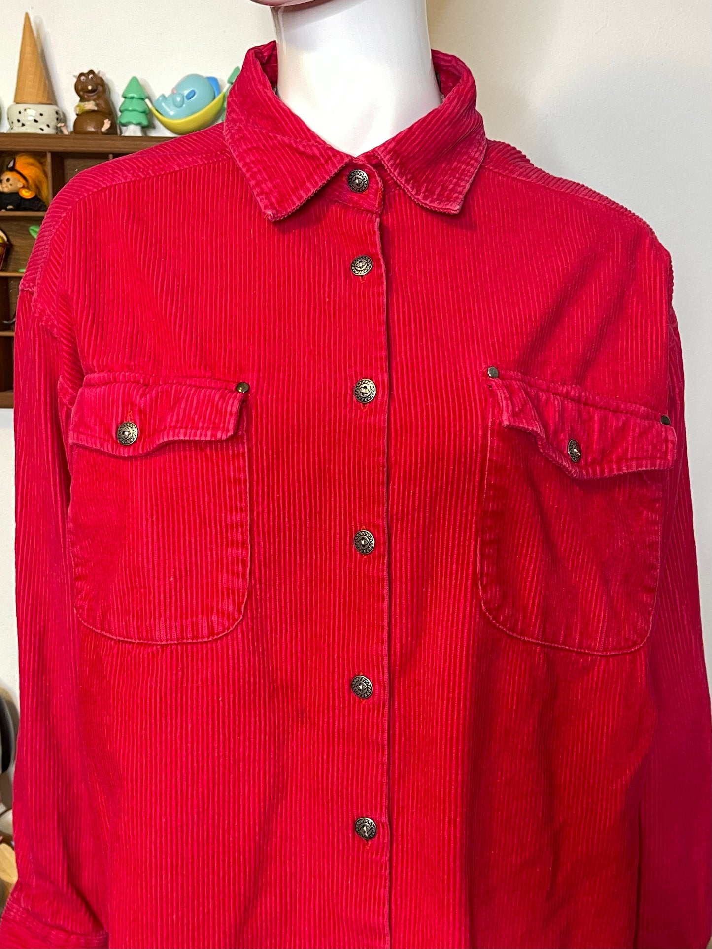 90s Bight Red Corduroy Button Up Sz L