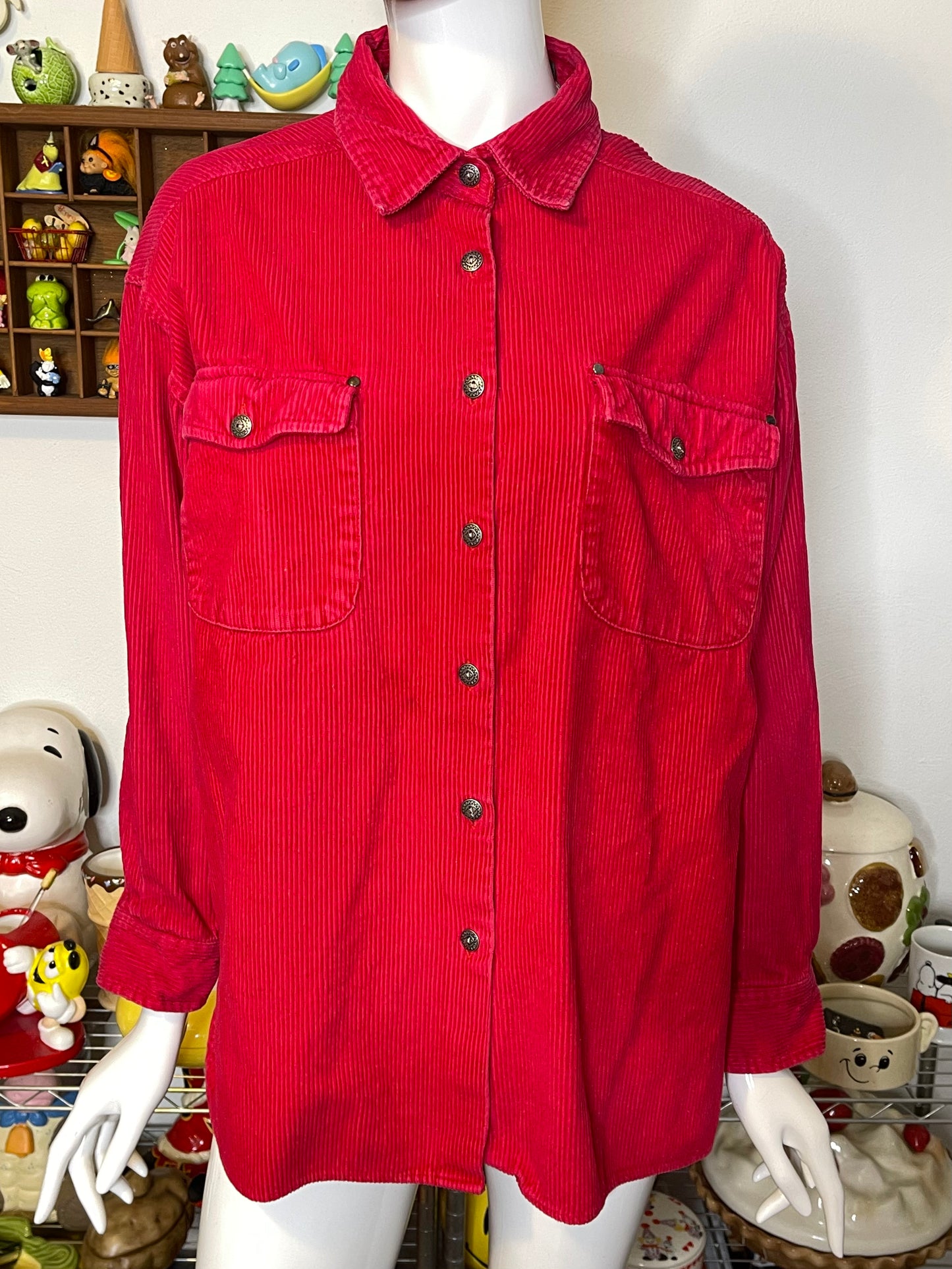 90s Bight Red Corduroy Button Up Sz L
