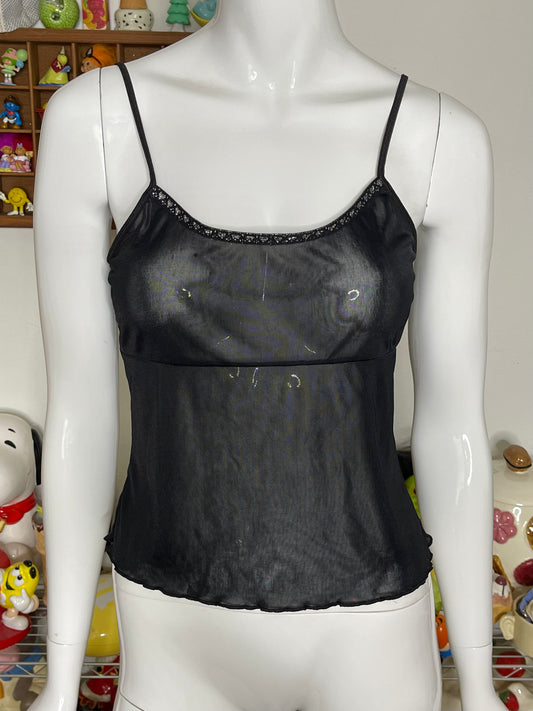 2000s Black Sheer Sparkly Mirco Mesh Tank Top Sz M