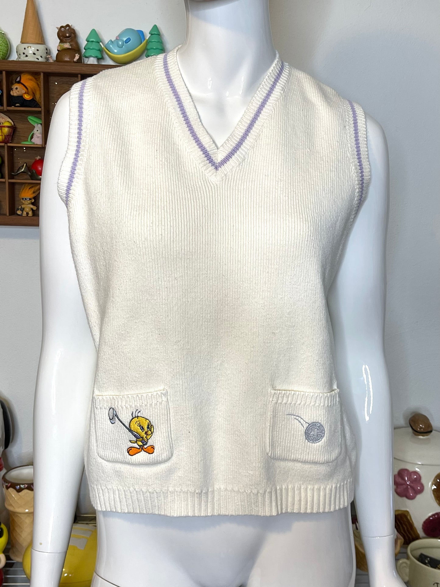 Vintage 90s Tweety Golf Cream Knit Vest Sz M