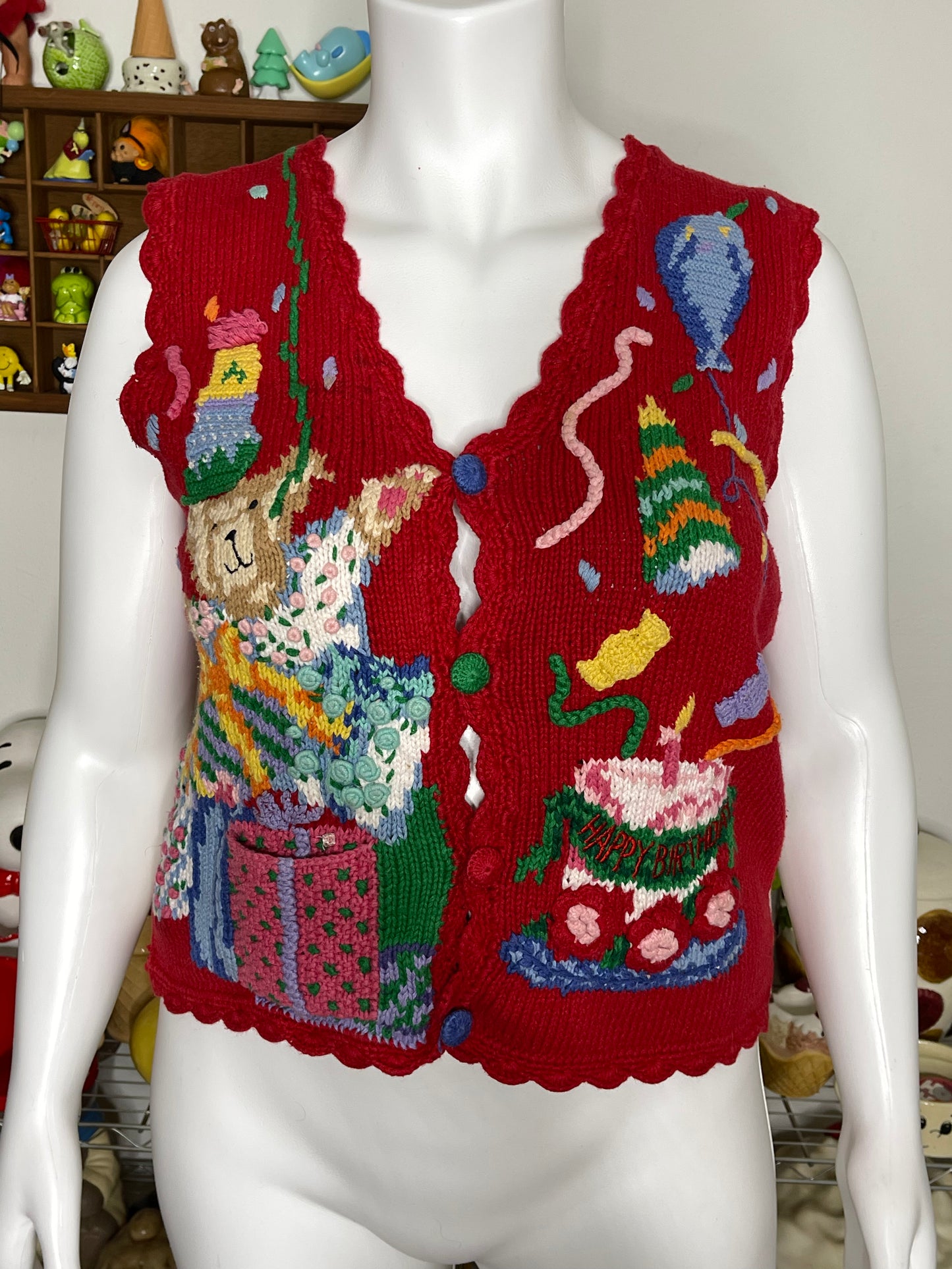 Vintage 90s Birthday Bears Hand Knit Vest Sz M/L