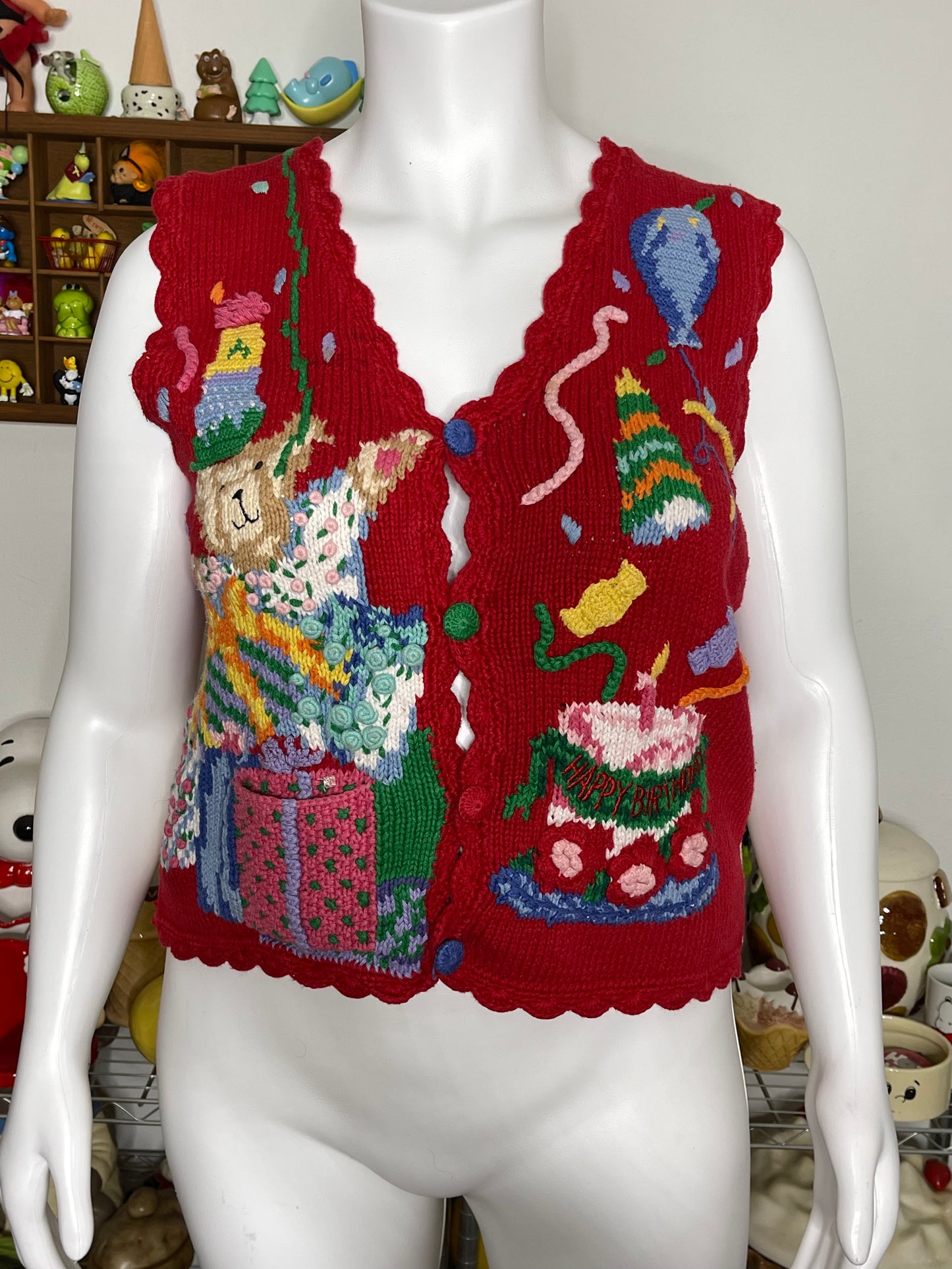 Vintage 90s Birthday Bears Hand Knit Vest Sz M/L