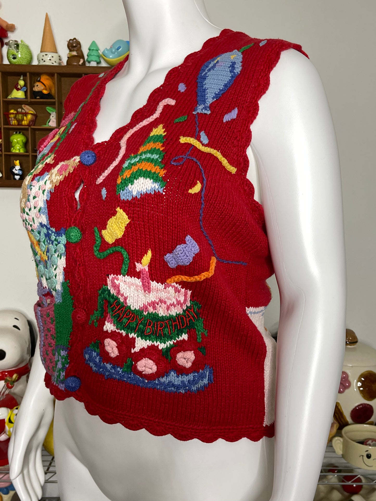 Vintage 90s Birthday Bears Hand Knit Vest Sz M/L