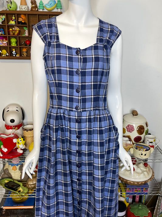 Vintage 90s Blue White Plaid Button Down Midi Dress Sz M