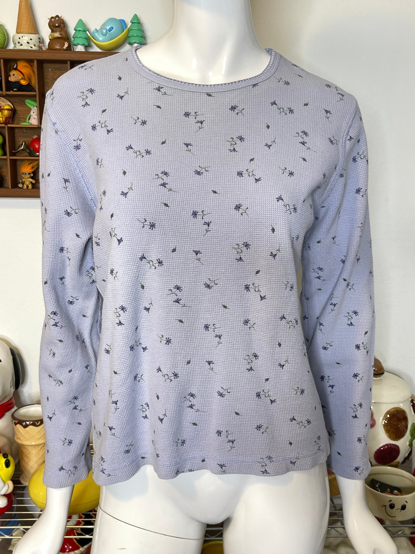 2000s Floral Lilac Waffle Knit Long Sleeve Sz S