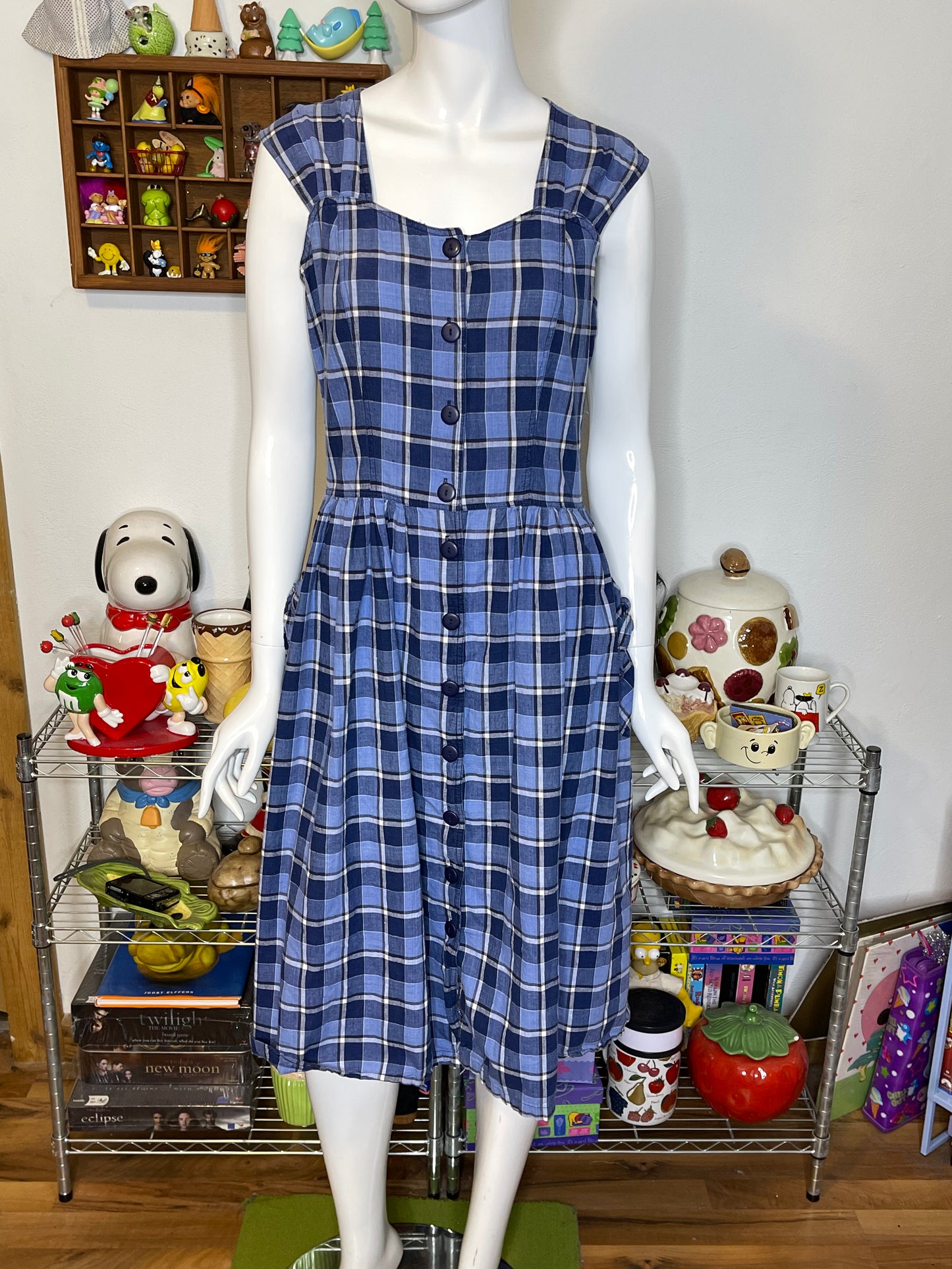 Vintage 90s Blue White Plaid Button Down Midi Dress Sz M