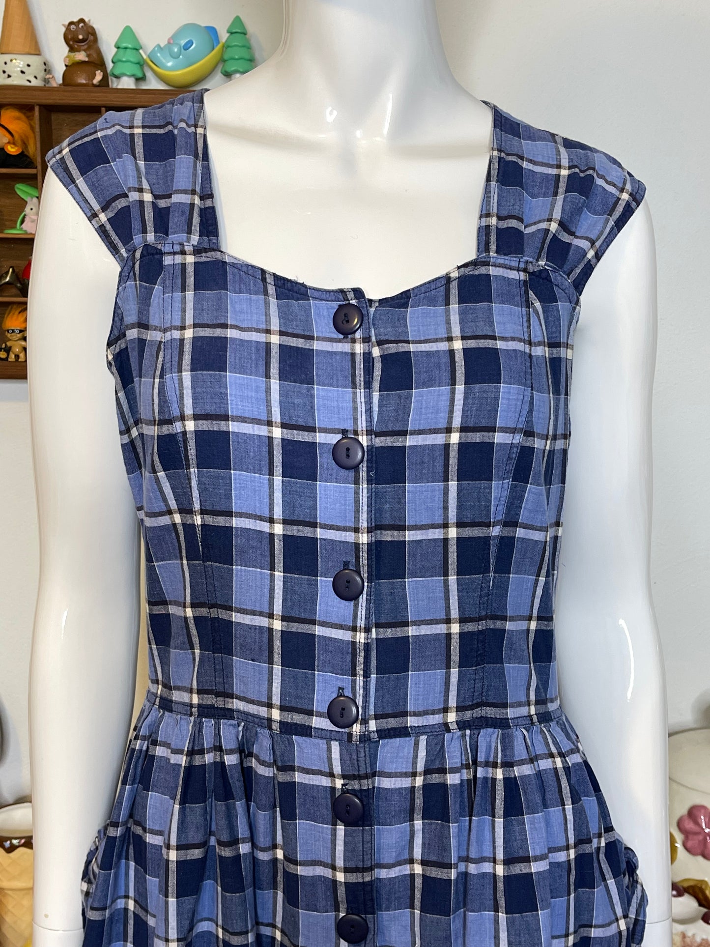 Vintage 90s Blue White Plaid Button Down Midi Dress Sz M