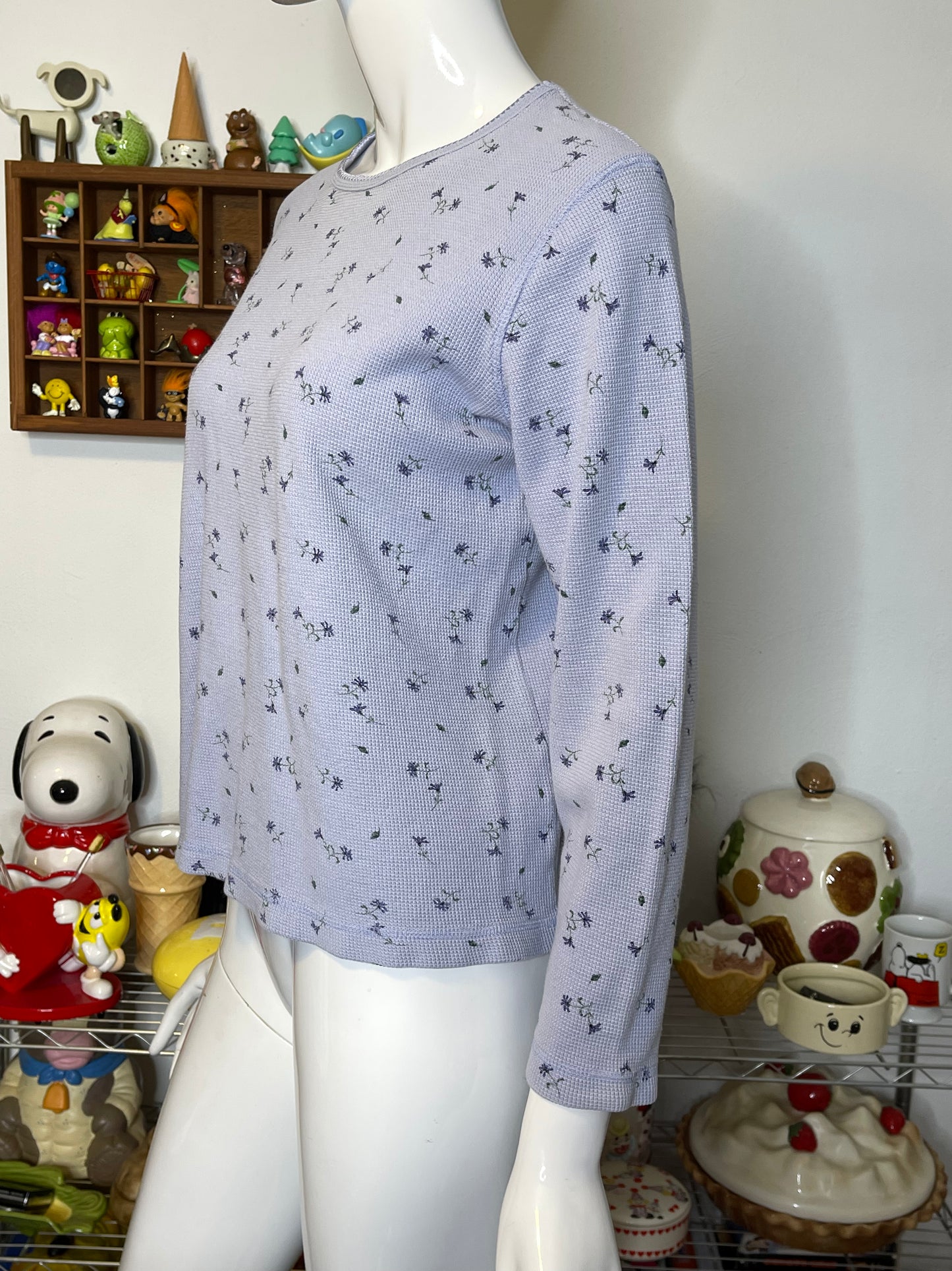 2000s Floral Lilac Waffle Knit Long Sleeve Sz S
