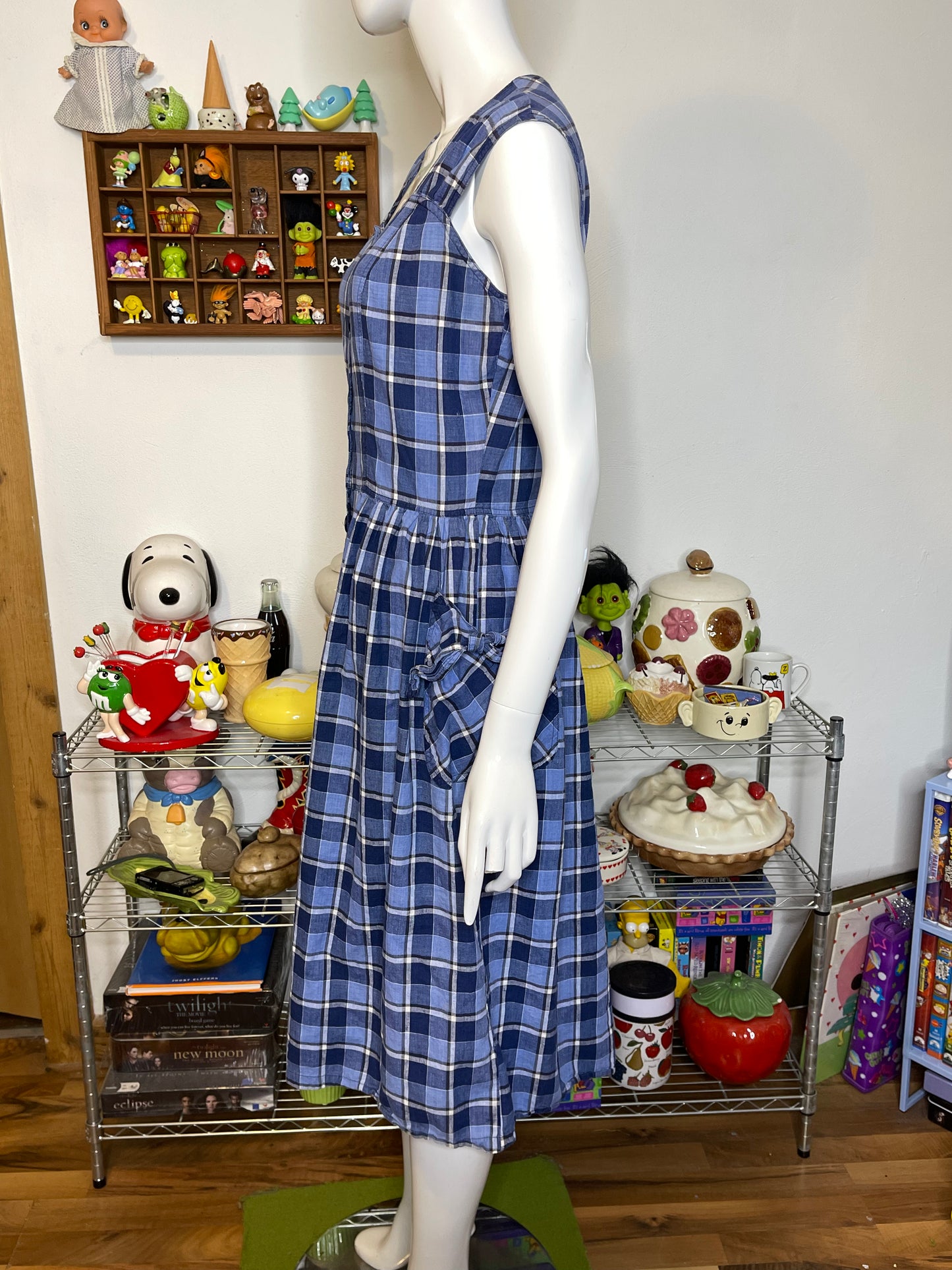 Vintage 90s Blue White Plaid Button Down Midi Dress Sz M