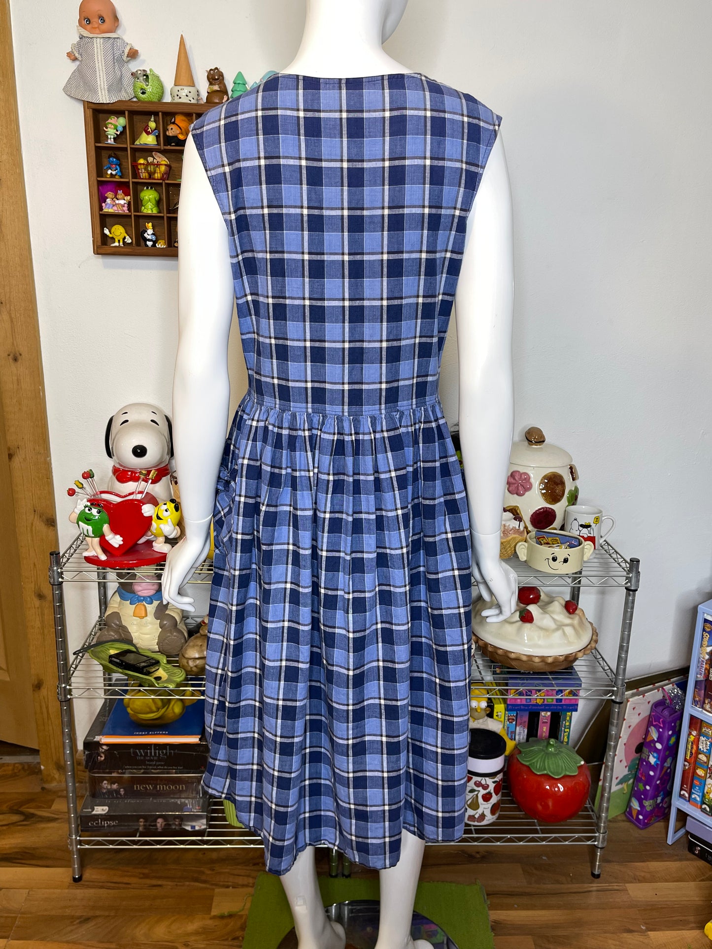 Vintage 90s Blue White Plaid Button Down Midi Dress Sz M