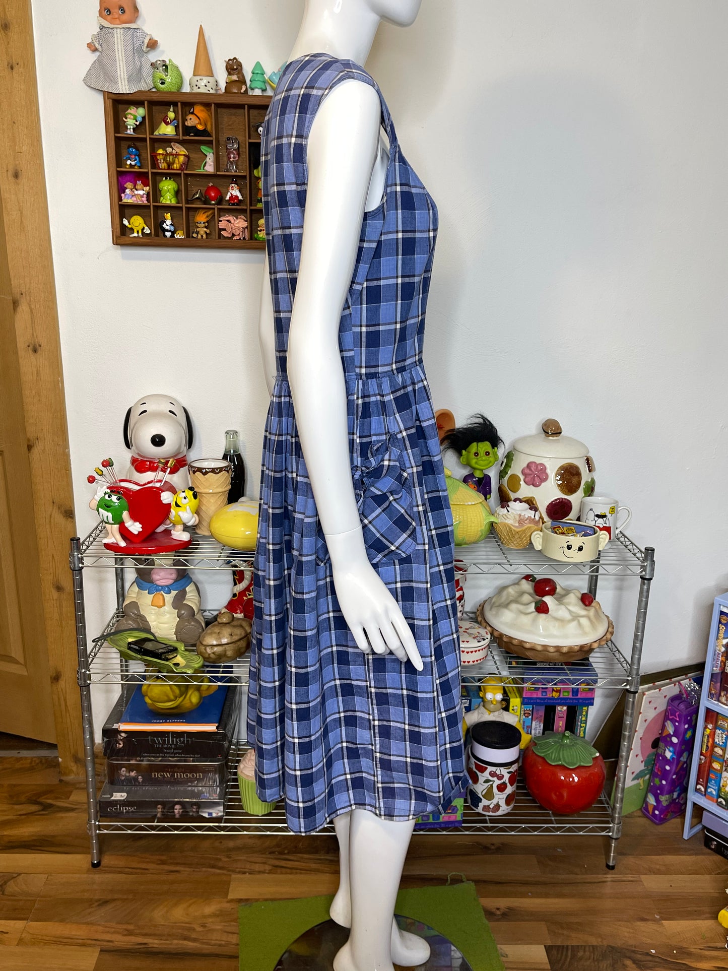 Vintage 90s Blue White Plaid Button Down Midi Dress Sz M