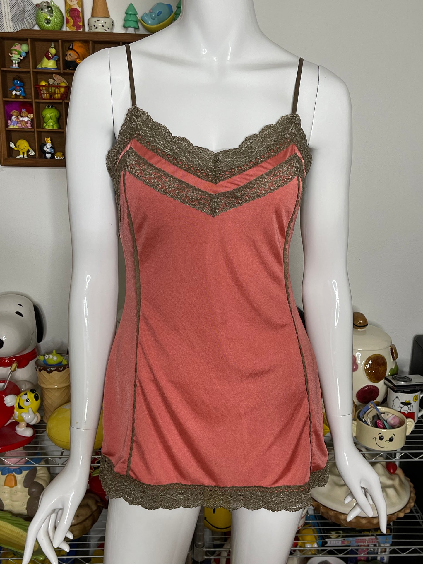 2000s Coral And Brown Lace Slip Cami Top Sz M